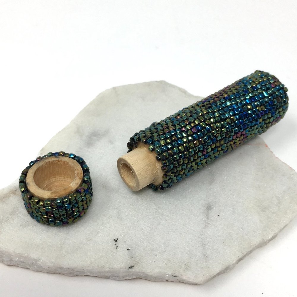 Vintage Metallic Green Czech Glass Seed Bead Peyote Stitch Sewing Needle Case